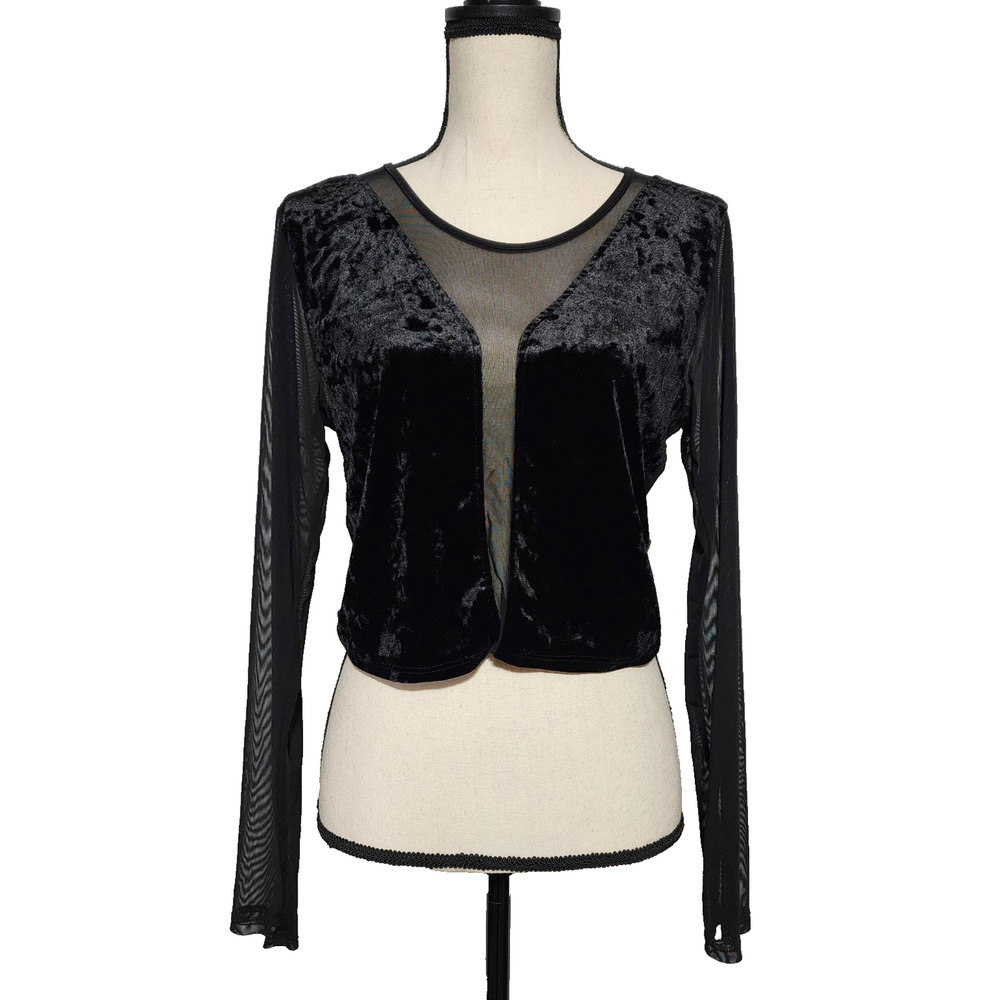 Vintage Charlotte Russe Black Sheer Mesh Velvet Long Sleeve Top Size L Goth Vamp
